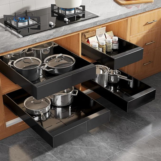 Seinloes 4 Pack Expandable Width (9"-14.1") Pull Out Cabinet Organizer 21" Deep with Raising Pad for Framed Cabinets, Upgrade 3 Slide Rails Slide Out Drawers, Roll Out Shelves Adhesive, Black