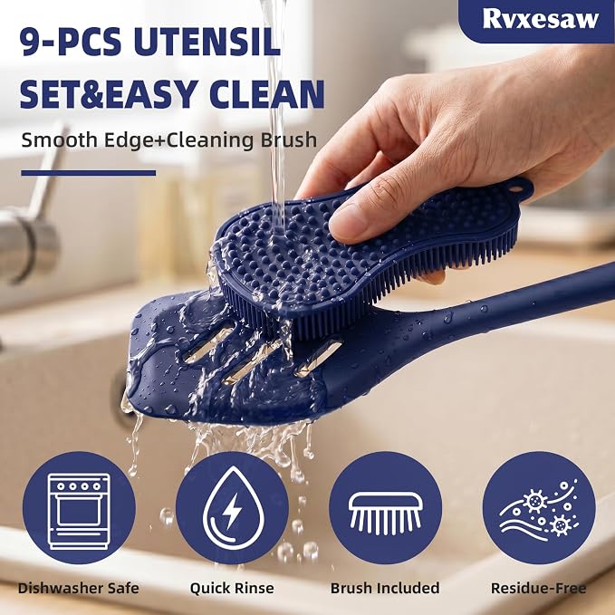 Kitchen Utensils Set,9 PCS Silicone Cooking Utensils Set Spatula Set,Non Toxic Cooking Utensils,Tongs,Spoon,Whisk,Brush,BPA Free Kitchen Gadgets for Non-Stick Cookware,Home Essential(Blue-9P)