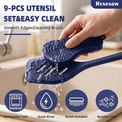 Kitchen Utensils Set,9 PCS Silicone Cooking Utensils Set Spatula Set,Non Toxic Cooking Utensils,Tongs,Spoon,Whisk,Brush,BPA Free Kitchen Gadgets for Non-Stick Cookware,Home Essential(Blue-9P)