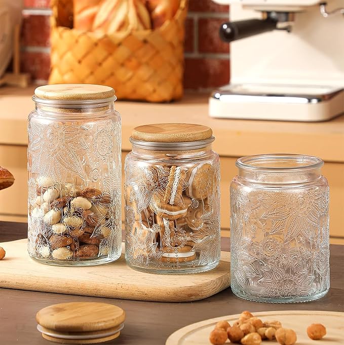 Custde Glass Storage Jars with Airtight Bamboo Lid, 35 FL oz - Decorative Food Canisters for Kitchen Counter, Ideal for Sugar, Coffee, Tea, Candy, Cookies (35oz Large Sunflower)