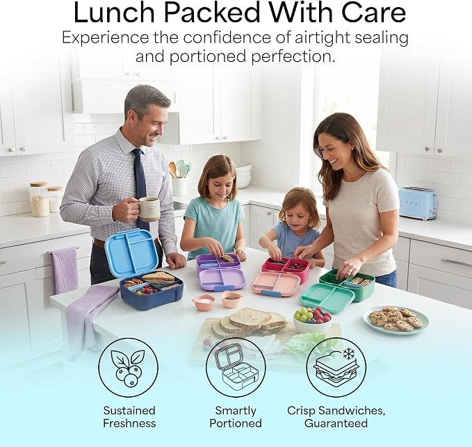 KARRICO Leakproof Lunch Box – 3-Compartment Bento Box, Cooler Pack & Adjustable Divider, Extra Large & BPA-Free – Dishwasher Safe, Ideal for On-the-Go Meals, Pink & Blue