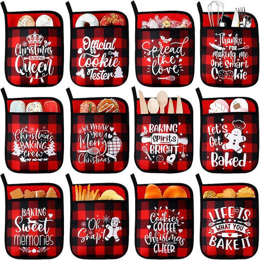 Layhit 12 Pieces Christmas Pot Holders with Pocket Heat Resistant Oven Mitts Hot Pads Farmhouse Cookie Bag for Kitchen Baking Cooking Appreciation Gift(Buffalo Plaid)