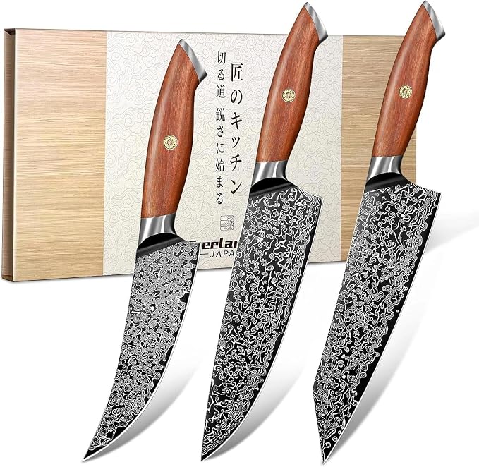 Freelander Damascus Knife Set 8.5 inch, Chef Knives with 6.1 inch Viking Knife, VG10 Core, 67 Layer Steel, Walnut Handles, Full Tang