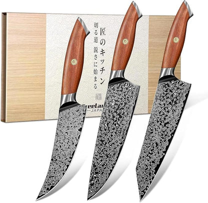 Freelander Damascus Knife Set 8.5 inch, Chef Knives with 6.1 inch Viking Knife, VG10 Core, 67 Layer Steel, Walnut Handles, Full Tang
