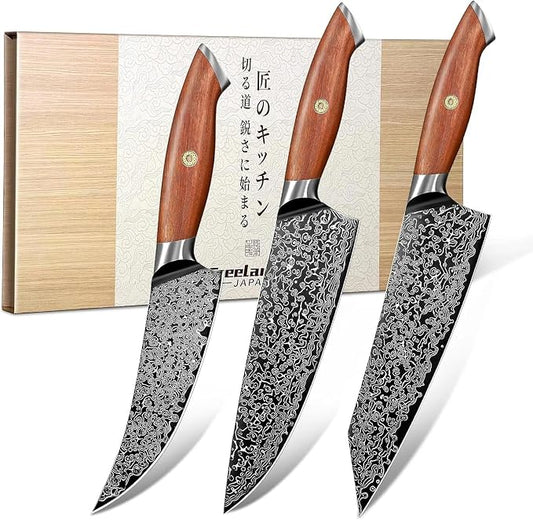 Freelander Damascus Knife Set 8.5 inch, Chef Knives with 6.1 inch Viking Knife, VG10 Core, 67 Layer Steel, Walnut Handles, Full Tang