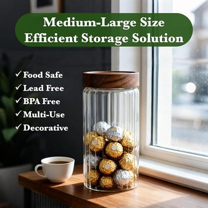 Decorative Borosilicate Glass Jar with Screw Top Airtight Wooden Lid, 40 oz/1200ml Leak Resistant Food Storage Canister, Wide Mouth Container for Cereal Coffee Cookie Candy Overnight Oats Sourdough