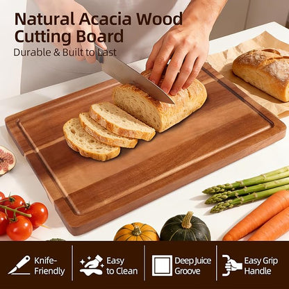 Cutting Board Set of 2 – Acacia Wood & Acrylic Cutting Board with Counter Lip for Kitchen, Wooden Chopping Board with Juice Grooves for Vegetables, Fruits, Meat