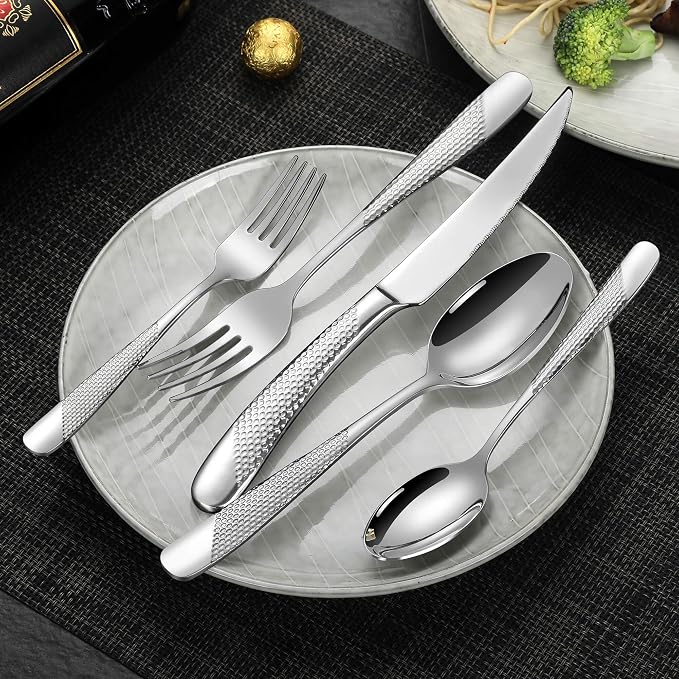 Lemeya 20-Piece Hammered Silverware Set for 4,18/10 Stainless Steel Flatware Set with Serrated Forged Knives,Heavy Duty Cutlery Set for Home & Party Restaurant,Mirror Polished, Dishwasher Safe