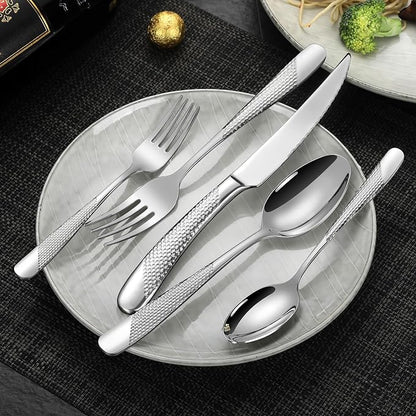 Lemeya Hammered 30 Pieces Set Silverware Set for 6 with Serrated Forging Knives,18/10 Stainless Steel Modern Flatware Set,Unique Cutlery Set,Mirror Polished,Dishwasher Safe
