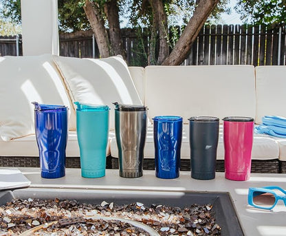 Silver Buffalo Double Walled Vacuum Insulated Stainless Steel Tumbler With Easy Sip Lid Keeps Hot and Cold, Travel Coffee Mug Clear Lid, 20 Ounces, Blue
