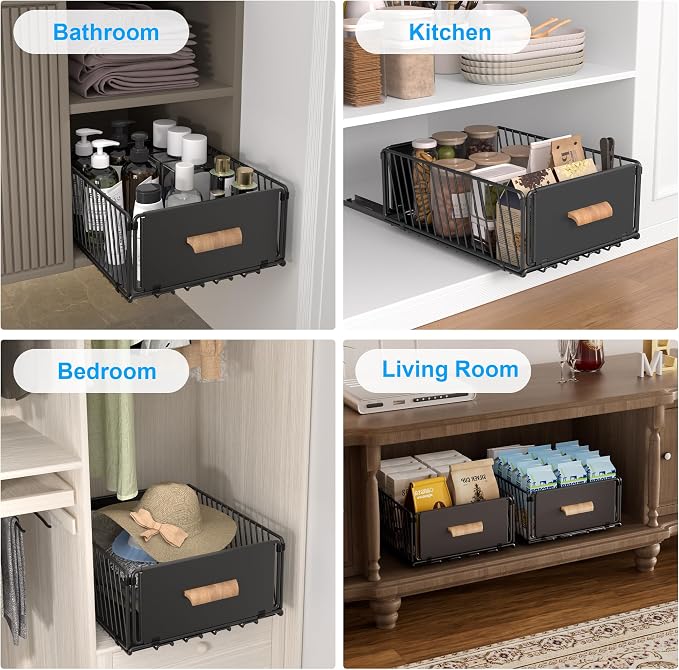 MEKOTRICIN Pull Out Cabinet Organizer, Slide Out Drawer Organizers Storage Fixed with Adhesive,Sliding Pantry Shelves with Handle for Kitchen Cupboard Bathroom Home, 11.8x6.7in, Black