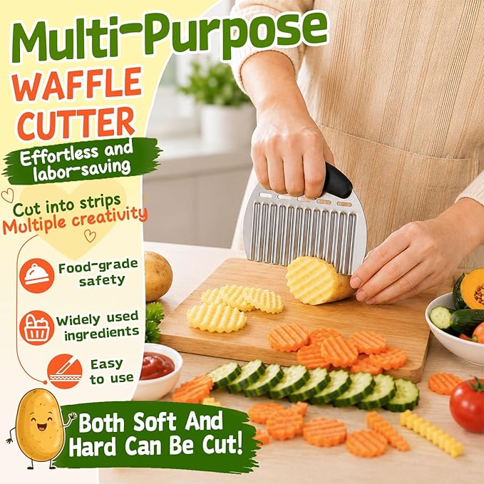 JAYVAR Large Crinkle Cutter French Fry Cutter, Large Crinkle Potato Slicer Wavy Chopper, Stainless Steel Wavy Slicer Crinkle Cutting Chopping Tools with Handle for Carrot Vegetable