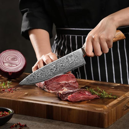 Wakoli EDIB Pro Damascus Chef Knife – Japanese Style Kitchen Knife | 7.9-Inch Genuine Damascus Steel Blade with VG10 Core | Ergonomic Pakkawood Handle | Professional Cooking Tool