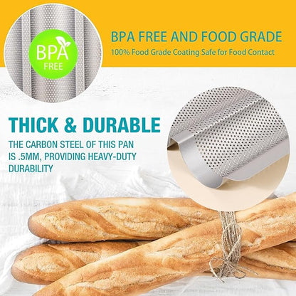 Baguette Pans for Baking 15" x 11", Carbon Steel 3 Loaf Nonstick Baguette Baking Tray for French & Italian Perforated French Bread Pan (2pack - Silver)