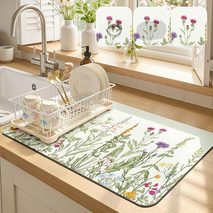 LOKHOM Dish Drying Mat for Kitchen Counter, 12"x20" Absorbent Coffee Bar Mat with Spring Summer Herb Plant, Wildflower Floral Dish Drainer Rack Mat for Kitchen Counter