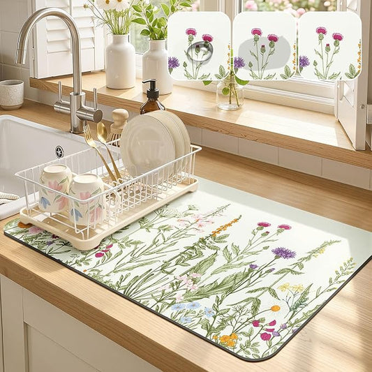 LOKHOM Dish Drying Mat for Kitchen Counter, 12"x20" Absorbent Coffee Bar Mat with Spring Summer Herb Plant, Wildflower Floral Dish Drainer Rack Mat for Kitchen Counter