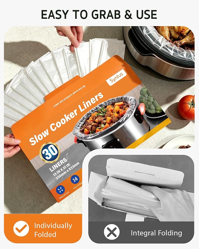 Syntus 30 Count Slow Cooker Liners, Small Size 10.5" x 17.5" Fits 1-3 Quart Pots BPA-free Disposable Cooking Bags Suitable for Oval & Round & Retangular Slow Cookers