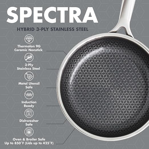GreenPan Spectra 8" Frying Pan Skillet, Hybrid Tri-Ply Stainless Steel, PFAS-Free Ceramic Nonstick Textured Cooking Surface, Induction Cookware, Diswasher Safe, Oven & Broiler Temp to 850˚F