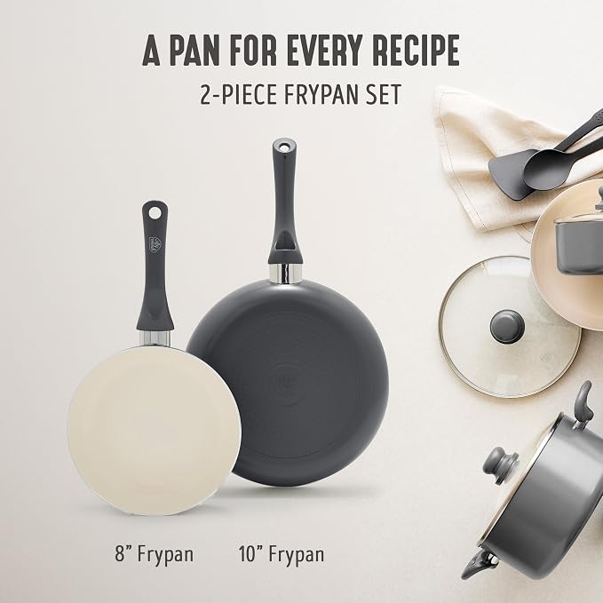 GreenLife 2-Piece Nonstick Frying Pan Set, 8” & 10” Skillets, Non-Toxic Ceramic Cookware, Dishwasher Safe, Stay-Cool Handles, Induction Ready, Fast Heating, Omelet Pan, PFAS Free, Graphite Black