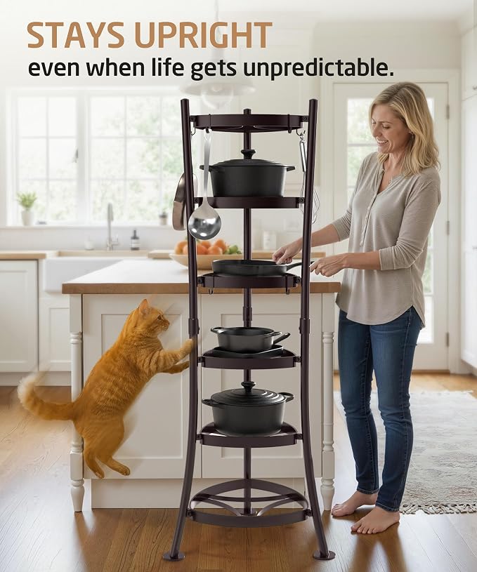 KES Oiled Bronze Freestanding Pot Rack, 6-Tier Cast Iron Cookware Stand with 6 Hooks, Pots and Pans Storage Tower for Kitchen, Stable Base, 264 Lbs Capacity, Anti-tip Strap & Floor Protectors