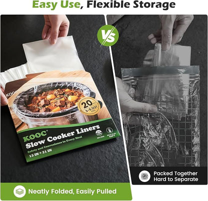 KOOC Slow Cooker Liners, 20 count 13" x 21" Large Size Cooking Bags Fits 3-8 Quart Pots, Disposable Pot Liners Suitable for Oval & Round & Retangular Pot