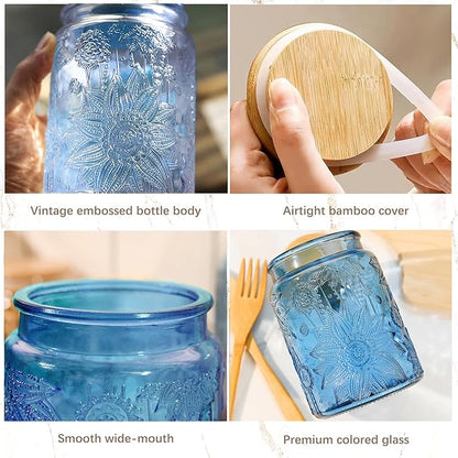 Custde Blue Vintage Glass Candy Jar with Airtight Bamboo Lid, 23.7oz Kitchen Storage Canister for Sugar, Coffee, Tea, Cookies, Bath Salt - Decorative Mason Jar for Pantry & Counter(Blue, 23.7 fl oz)