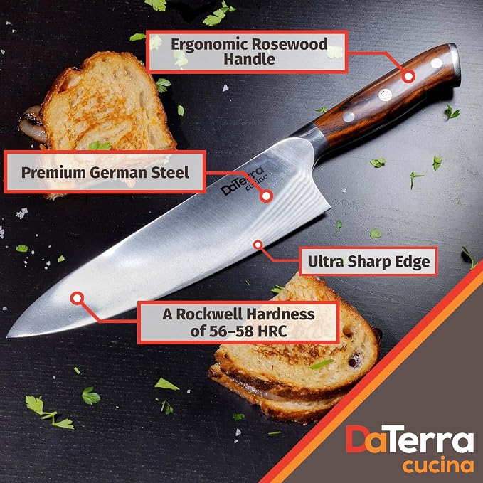 DaTerra Cucina - 8 Inch Chef Knife – German Steel Professional Kitchen Knife with Ergonomic Rosewood Handle, Sharp, Durable, Easy to Clean | Ideal for Chopping, Slicing & Dicing