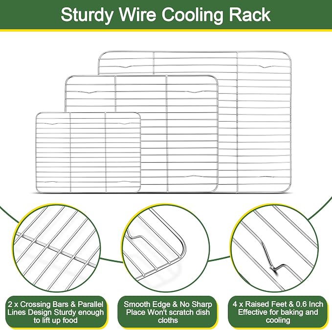 E-far Baking Sheet with Cooling Rack Set (3 Pans + 3 Racks), 16/12.5/9.3 Inch Stainless Steel Cookie Sheets Baking Pans and Wire Rack for Oven, Non Toxic & Easy Clean