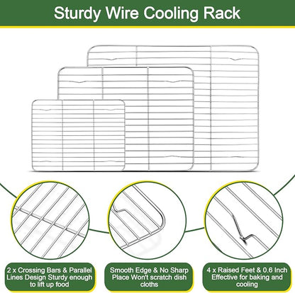 E-far Baking Sheet with Cooling Rack Set (3 Pans + 3 Racks), 16/12.5/9.3 Inch Stainless Steel Cookie Sheets Baking Pans and Wire Rack for Oven, Non Toxic & Easy Clean