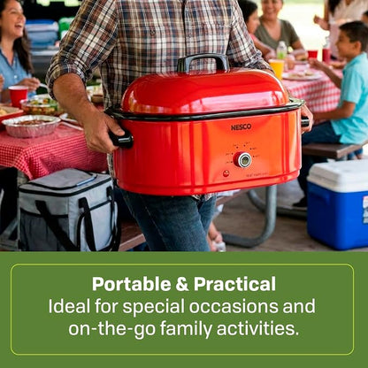 NESCO MWR18‑12 Electric Roaster Oven for Family‑Size Meals, Red 18‑Quart Countertop Roaster with Circle of Heat Heating Technology