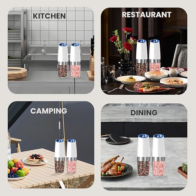 Battery Operated Salt And Pepper Grinder Set with LED Light, Automatic Electric Gravity Salt And Pepper Shakers Set, Each 6 AAA Batteries Needed, Adjustable Roughness, 2 Pack (White)