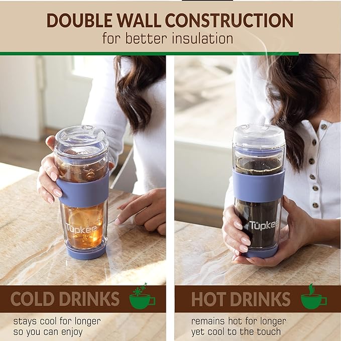 Double Wall All Glass Tumbler - 14-Ounce, Reusable Insulated Tea/Coffee Mug & Lid, Hand Blown Glass Travel Mug - Jacaranda - 2 Pack