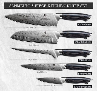 5PCS Knife Set, Kitchen Knife Sets in Powder Steel, Ultra Sharp Japanese Knives Set High Carbon Steel Chef Knives Sets, Cooking Knives Set with Ergonomic Pakkawood Handle