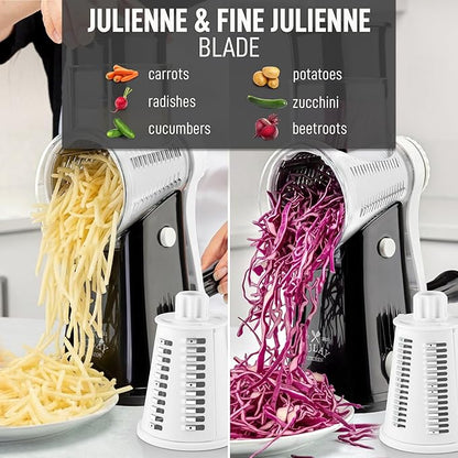 Zulay Kitchen Rotary Cheese Grater 5 Blade Cheese Shredder - Manual Hand Crank Cheese Grater With Reinforced Suction & 5 Interchangeable Drums - Easy to Use, Vegetable Chopper Round Mandoline Slicer