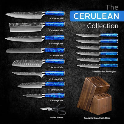 SENKEN 16-Piece Knife Block Set - Japanese High Carbon Stainless Steel with Damascus Pattern, Blue Resin Handles, 6 Steak Knives & Acacia Hardwood Block (Blue)