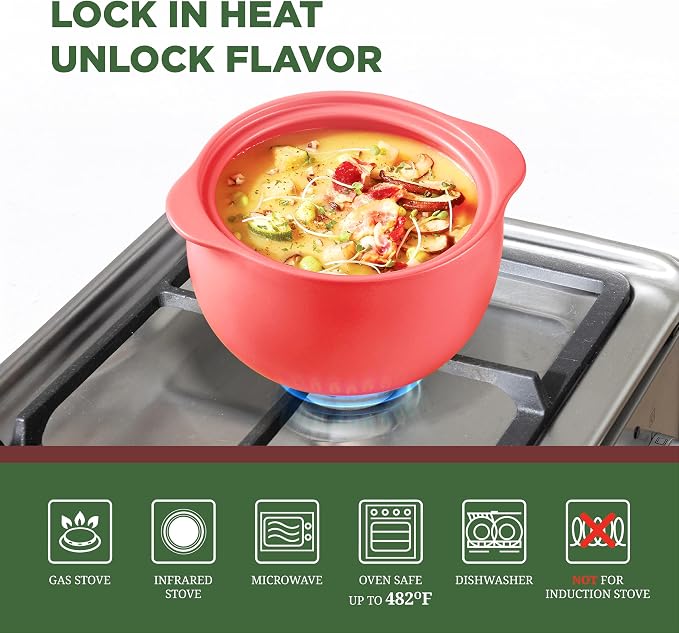MINH LONG 2-Qt Porcelain Dutch Oven with Lid – Lead & Cadmium Free, Oven Safe to 482°F, Heat Retention, Clay Pot for Cooking on Gas & Infrared Cooktop, Use to Marinate, Cook, Bake, Refrigerate & Serve