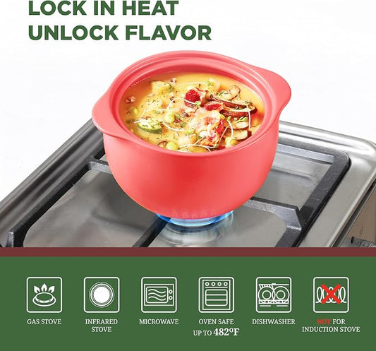 MINH LONG 2-Qt Porcelain Dutch Oven with Lid – Lead & Cadmium Free, Oven Safe to 482°F, Heat Retention, Clay Pot for Cooking on Gas & Infrared Cooktop, Use to Marinate, Cook, Bake, Refrigerate & Serve