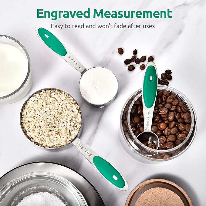 Measuring Cups and Spoons Set: U-Taste 18/8 Stainless Steel 10 Pieces Metal Stacking Kitchen Baking Cooking Food Measure Set 5 Cups 5 Spoons with Strengthened Weld Joints (Teal, Upgraded Version)