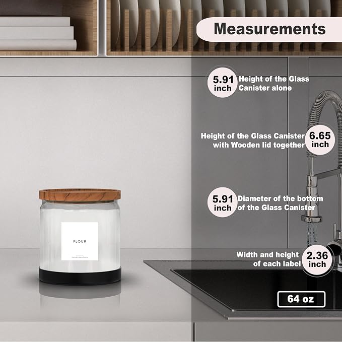 Glass Jar with Lid Half Gallon - 64oz Kitchen glass canisters - Airtight Acacia Wood Lid -Flour Sugar Coffee Rice Pantry Storage Container, Wide Mouth, 30 Labels & Non Slip Base