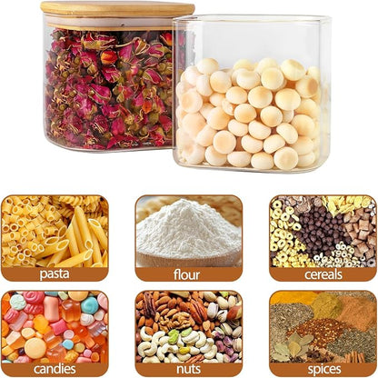 Moretoes 6 Pack 0.6qt Square Glass Storage Containers with Bamboo Lids, Airtight Food Storage Jars for Pantry, Spices, Dry Goods