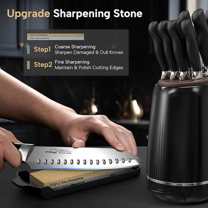Knife Set, Amorston 14-Piece Kitchen Knives Set with Block & Sharpening Stone, Stainless Steel Dishwasher Safe, Knife Block Set with Ergonomic Handle, Professional Kitchen Knives for Home Cooking