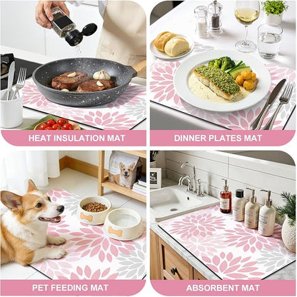 Findosom Floral Dish Drying Mat, 12" x 20" Super Absorbent & Hide Stain Coffee Mat, Cuttable Drying Mat for Kitchen Counter, Under Dish Rack, Coffee Maker, Espresso Machine, Pink