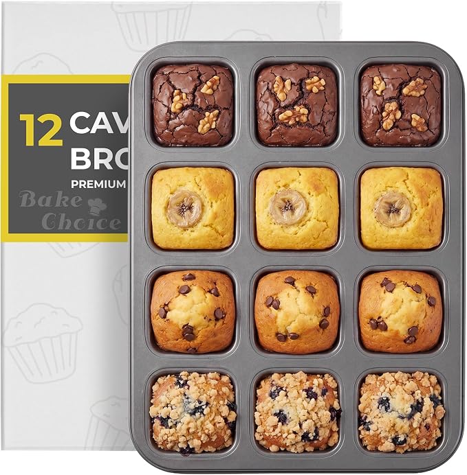 Bake Choice Square Brownie Pan with Dividers, Non Stick Carbon Steel Baking Tray, All Edges Brownie Bite Pan, 1 Pack 12 Cavity, for Individual Brownies, Cupcakes, Muffins, Cookies, Bread