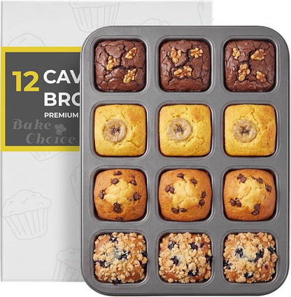 Bake Choice Square Brownie Pan with Dividers, Non Stick Carbon Steel Baking Tray, All Edges Brownie Bite Pan, 1 Pack 12 Cavity, for Individual Brownies, Cupcakes, Muffins, Cookies, Bread