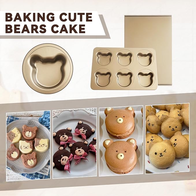 6 Cup English Muffin Pan with Sliding Lid, Bear Shaped Muffin Pans, Nonstick Carbon Steel Hamburger Bun Mold, Cute Bear Muffins Tin for Donut Sandwich Quiche Pancake
