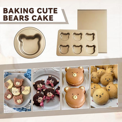 6 Cup English Muffin Pan with Sliding Lid, Bear Shaped Muffin Pans, Nonstick Carbon Steel Hamburger Bun Mold, Cute Bear Muffins Tin for Donut Sandwich Quiche Pancake