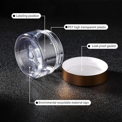 SATINIOR 24 Pieces Empty Clear Plastic Jars with Lids Round Storage Containers Wide-Mouth for Beauty Product Cosmetic Cream Lotion Liquid Butter Craft and Food (Gold Lid,1 oz)