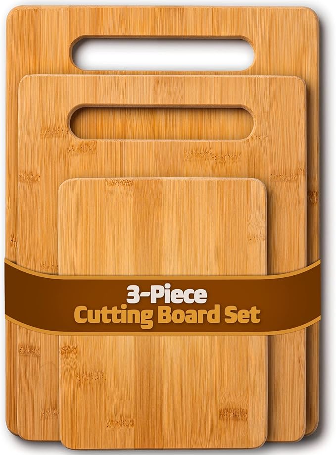 Bamboo Cutting Boards for Kitchen - Set of 3 Wood Cutting Boards with Handle, Large Medium Small Chopping Boards for Meat Vegetables Fruit Cheese Bread, Knife Friendly Serving Tray, Natural by Bambüsi