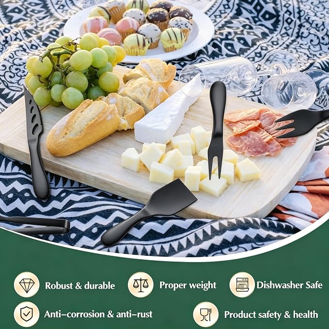Premium Stainless Steel Black Cheese Tool Set - 12 Piece Cheese Knife & Cheese Markers Gifts Set - Cut, Butter Spreader Slicer Mini Serving Tongs,Birthday Wedding Christmas All Your Favorite Cheeses