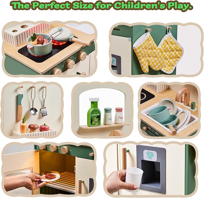 Kids Play Kitchen Toddler Kitchen Playset with Play Food Set Pretend Cooking Set with Sink, Stove, Microwave Wooden Toys Kitchen Gift for Girls and Boys
